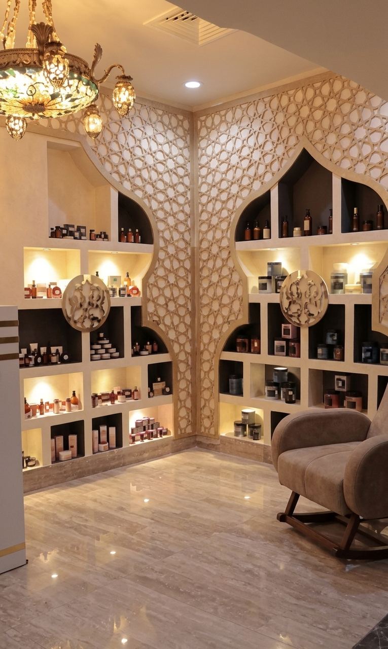 مستحضرات وزيوت الحمام المغربي معروضة على رفوف المركز